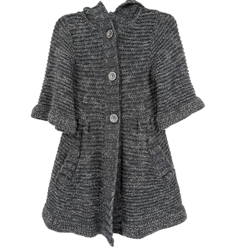 Free People Charcoal Grey Marled Chunky Knit Hooded Button Front Cardigan Coat S